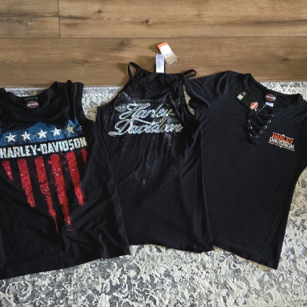 Harley-Davidson Womens Black and Red Tops Lots Of Sparkle-all Three For $55